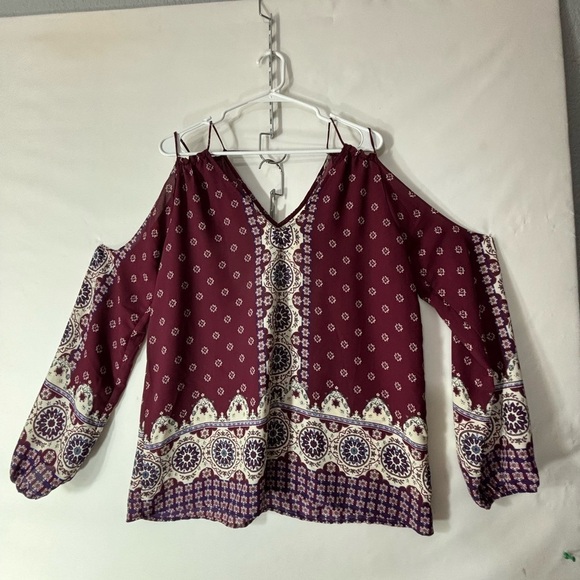 Pink Owl Burgundy Cold Shoulder Blouse Large - Picture 1 of 5